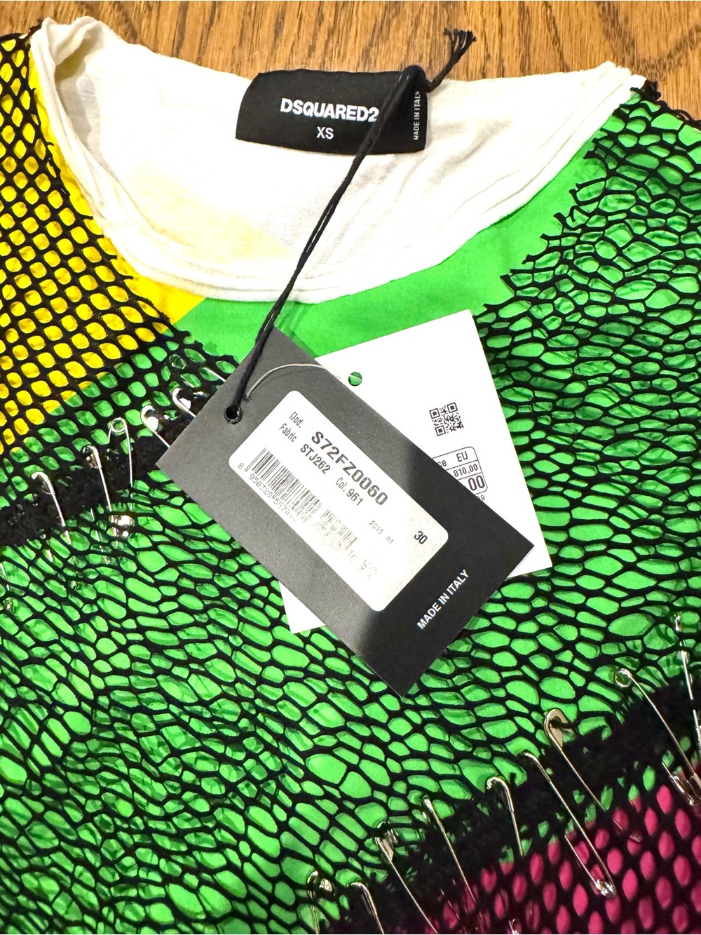 NWT - DSQUARED Green Yellow Black Mesh-Detail T-Shirt XS Luxury High Fashion - Picture 8 of 14